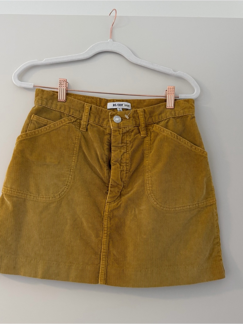 Re/Done Mustard Corduroy Mini Skirt with Front Pockets